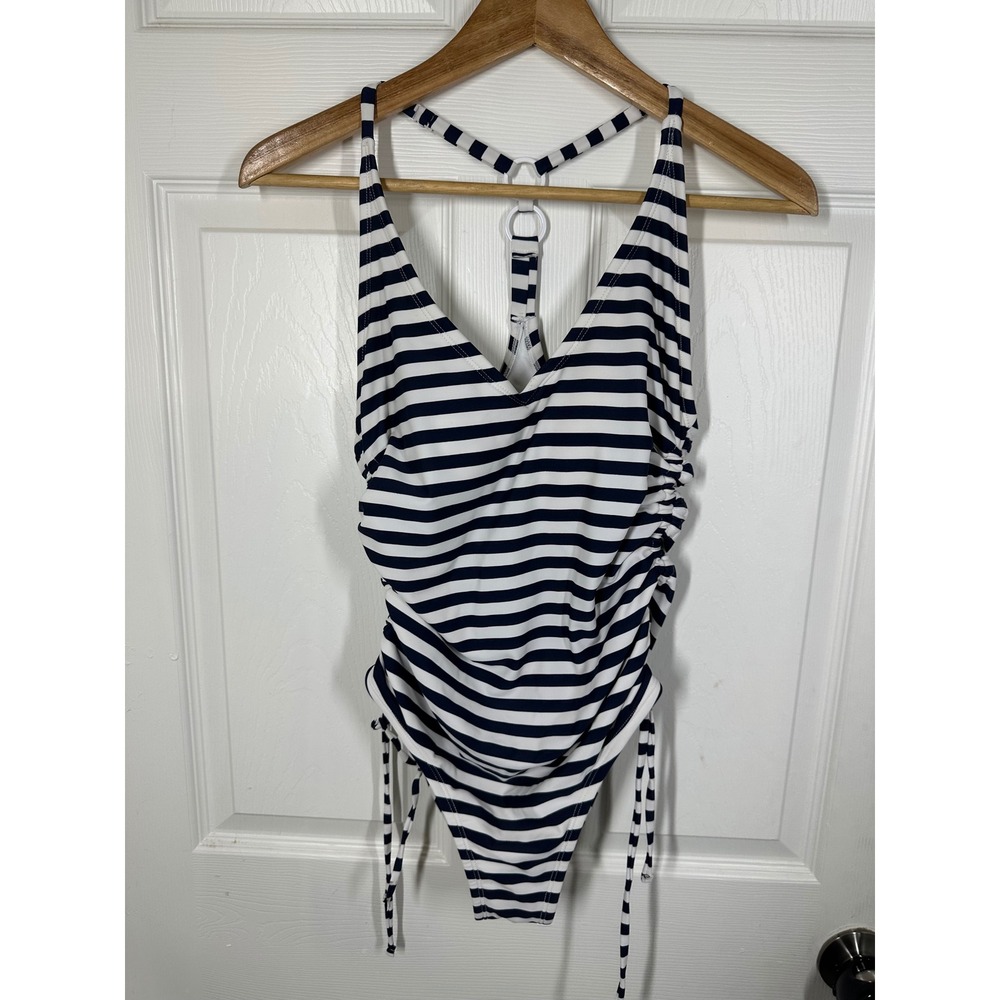 Kona Sol One Piece Swimsuit Womens S Blue Striped Ruched Racerback O-Ring Beach